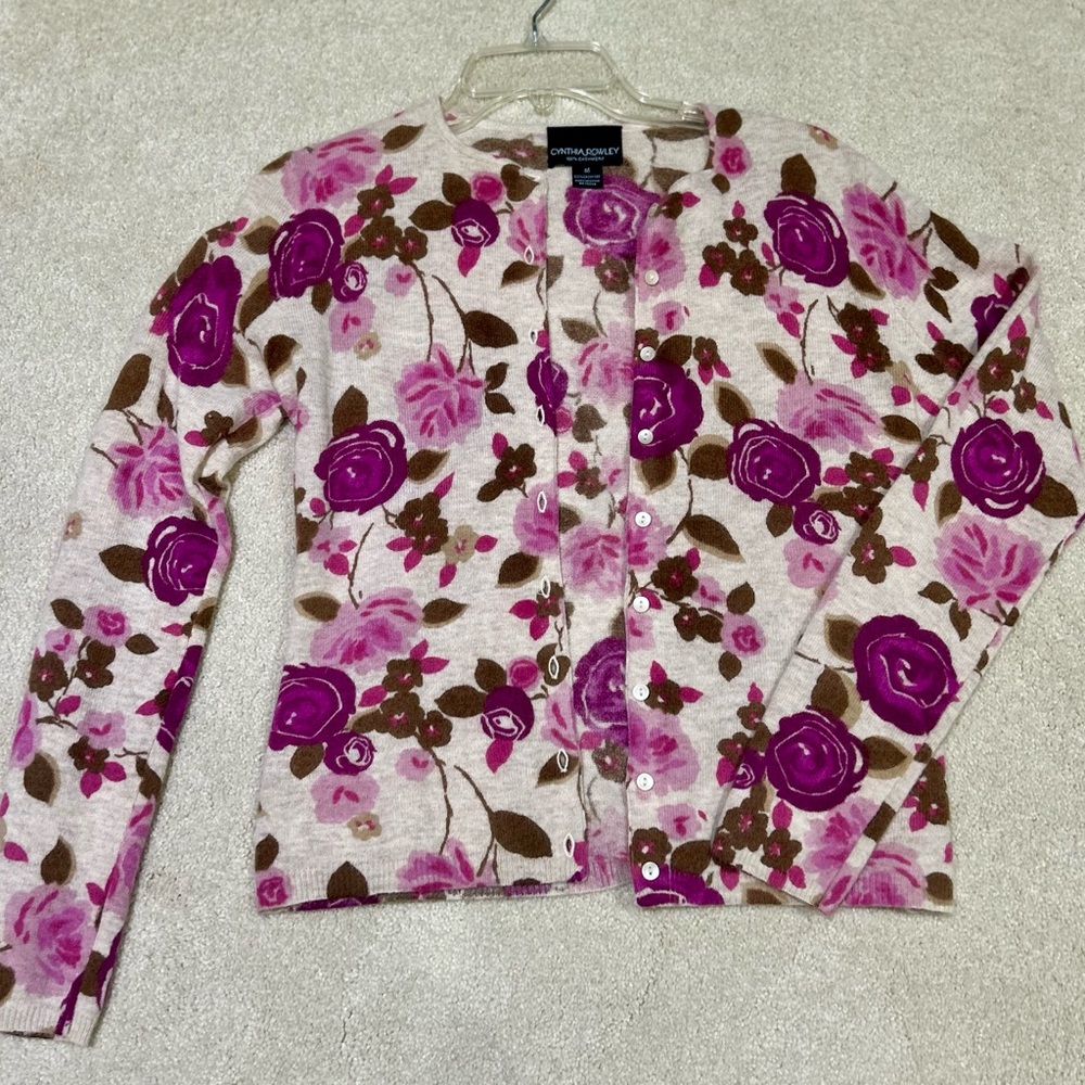 Women's Cynthia Rowley Button-Down Cardigan Purple Floral Cashmere Size M